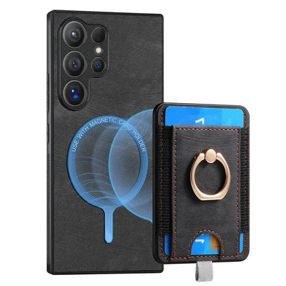 D7 For Samsung Galaxy S24 Ultra Case Ring Kickstand Phone Cover with Detachable Card Bag