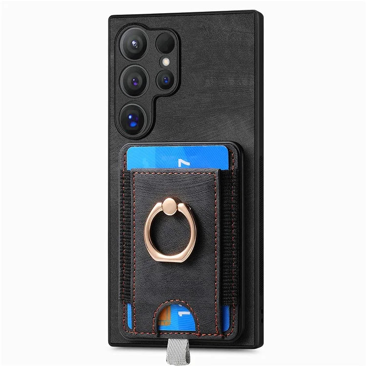 D7 For Samsung Galaxy S24 Ultra Case Ring Kickstand Phone Cover with Detachable Card Bag