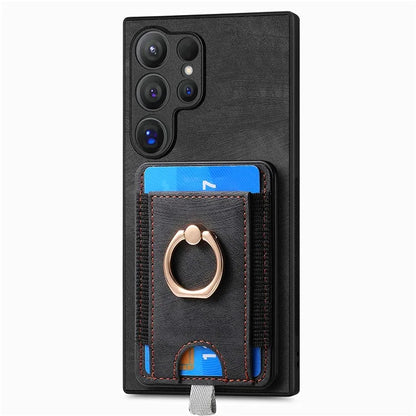 D7 For Samsung Galaxy S24 Ultra Case Ring Kickstand Phone Cover with Detachable Card Bag