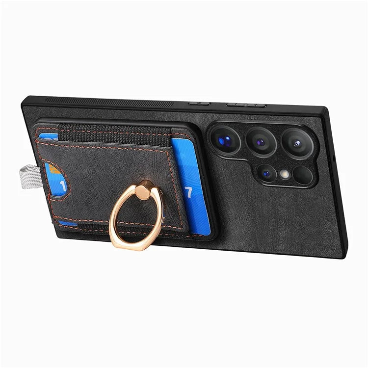 D7 For Samsung Galaxy S24 Ultra Case Ring Kickstand Phone Cover with Detachable Card Bag