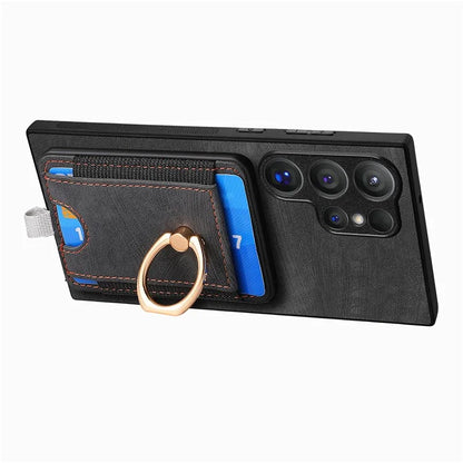 D7 For Samsung Galaxy S24 Ultra Case Ring Kickstand Phone Cover with Detachable Card Bag