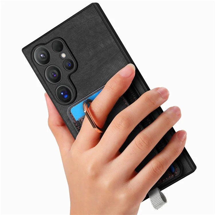D7 For Samsung Galaxy S24 Ultra Case Ring Kickstand Phone Cover with Detachable Card Bag