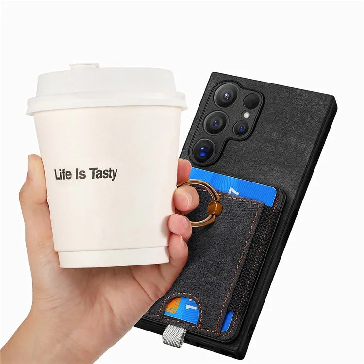 D7 For Samsung Galaxy S24 Ultra Case Ring Kickstand Phone Cover with Detachable Card Bag