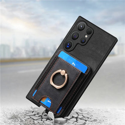 D7 For Samsung Galaxy S24 Ultra Case Ring Kickstand Phone Cover with Detachable Card Bag