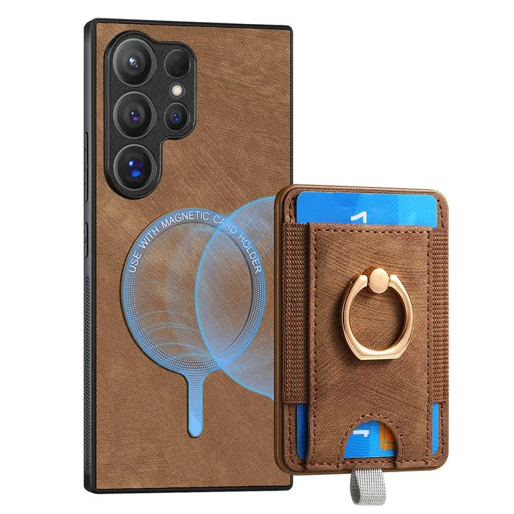 D7 For Samsung Galaxy S24 Ultra Case Ring Kickstand Phone Cover with Detachable Card Bag