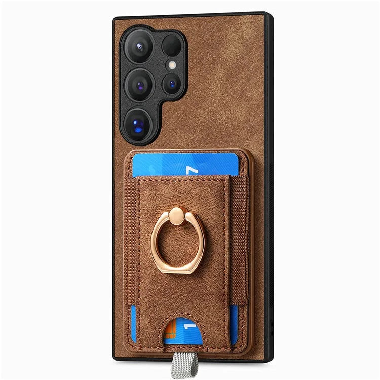 D7 For Samsung Galaxy S24 Ultra Case Ring Kickstand Phone Cover with Detachable Card Bag