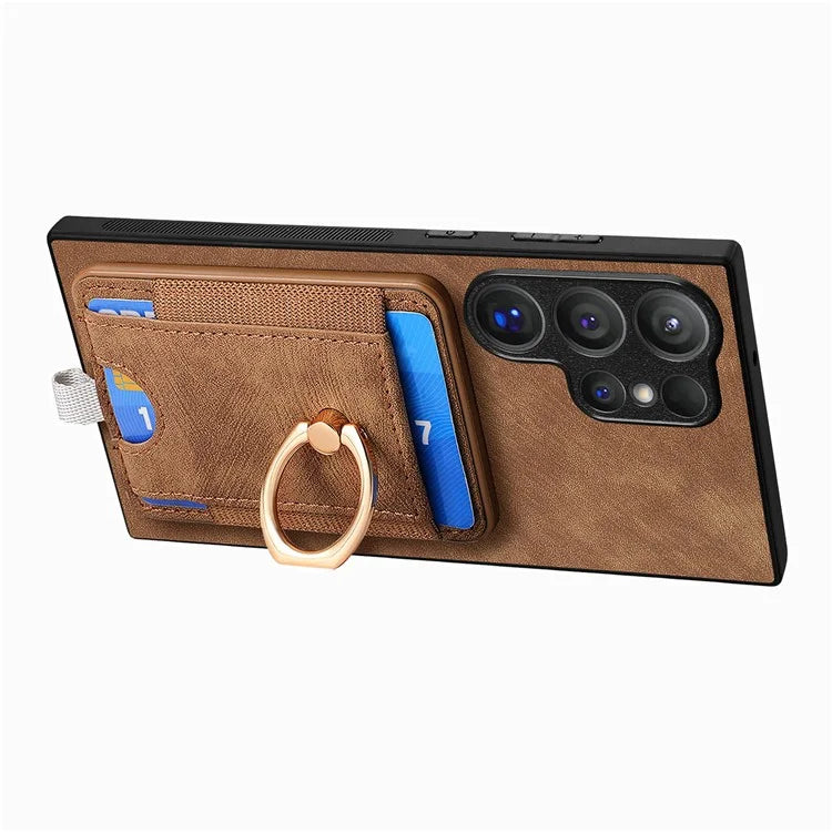 D7 For Samsung Galaxy S24 Ultra Case Ring Kickstand Phone Cover with Detachable Card Bag