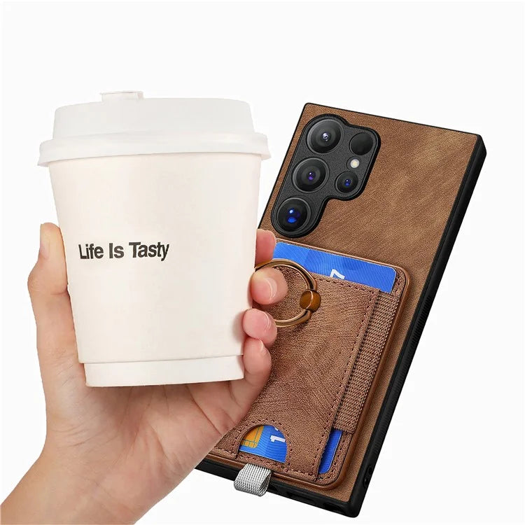 D7 For Samsung Galaxy S24 Ultra Case Ring Kickstand Phone Cover with Detachable Card Bag