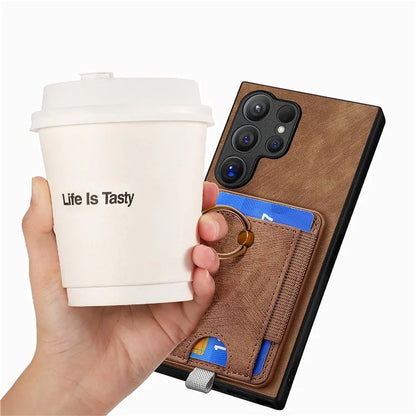 D7 For Samsung Galaxy S24 Ultra Case Ring Kickstand Phone Cover with Detachable Card Bag