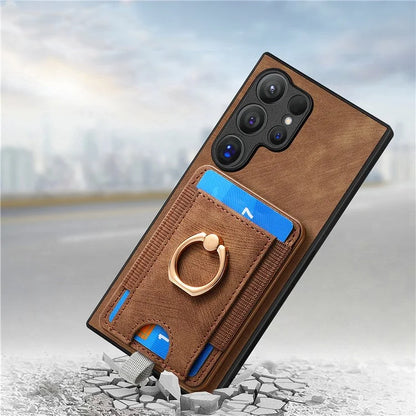 D7 For Samsung Galaxy S24 Ultra Case Ring Kickstand Phone Cover with Detachable Card Bag