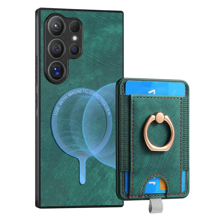 D7 For Samsung Galaxy S24 Ultra Case Ring Kickstand Phone Cover with Detachable Card Bag