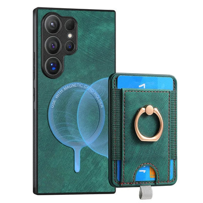 D7 For Samsung Galaxy S24 Ultra Case Ring Kickstand Phone Cover with Detachable Card Bag