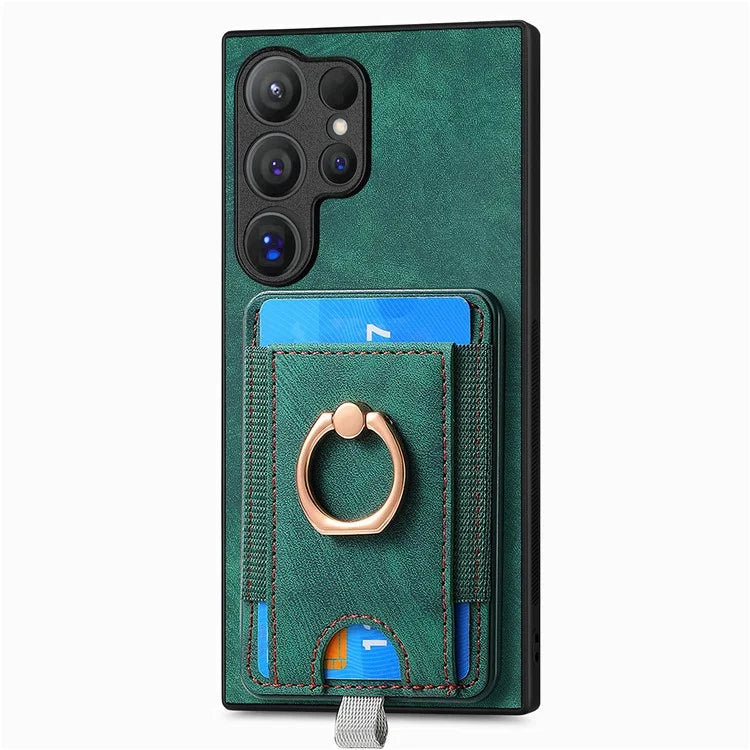 D7 For Samsung Galaxy S24 Ultra Case Ring Kickstand Phone Cover with Detachable Card Bag