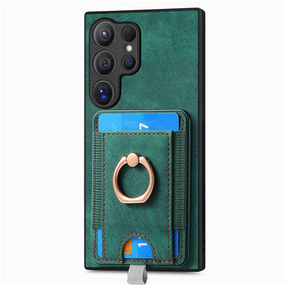 D7 For Samsung Galaxy S24 Ultra Case Ring Kickstand Phone Cover with Detachable Card Bag