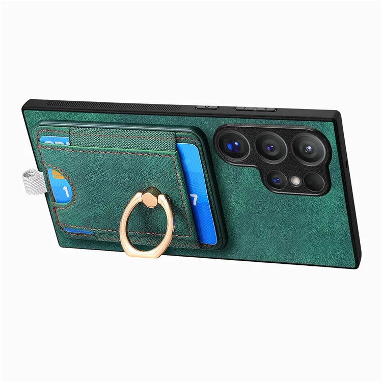 D7 For Samsung Galaxy S24 Ultra Case Ring Kickstand Phone Cover with Detachable Card Bag