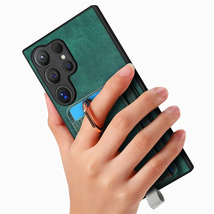 D7 For Samsung Galaxy S24 Ultra Case Ring Kickstand Phone Cover with Detachable Card Bag