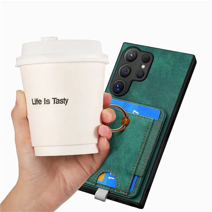 D7 For Samsung Galaxy S24 Ultra Case Ring Kickstand Phone Cover with Detachable Card Bag