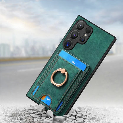 D7 For Samsung Galaxy S24 Ultra Case Ring Kickstand Phone Cover with Detachable Card Bag
