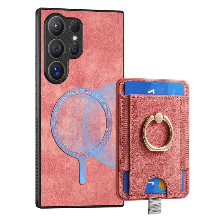D7 For Samsung Galaxy S24 Ultra Case Ring Kickstand Phone Cover with Detachable Card Bag