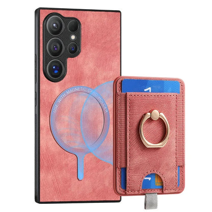 D7 For Samsung Galaxy S24 Ultra Case Ring Kickstand Phone Cover with Detachable Card Bag