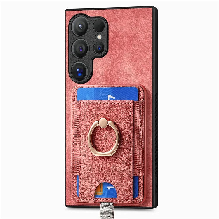 D7 For Samsung Galaxy S24 Ultra Case Ring Kickstand Phone Cover with Detachable Card Bag