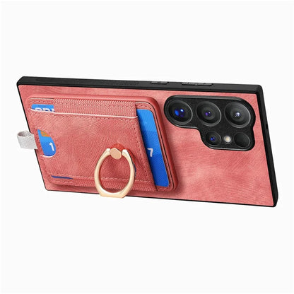 D7 For Samsung Galaxy S24 Ultra Case Ring Kickstand Phone Cover with Detachable Card Bag