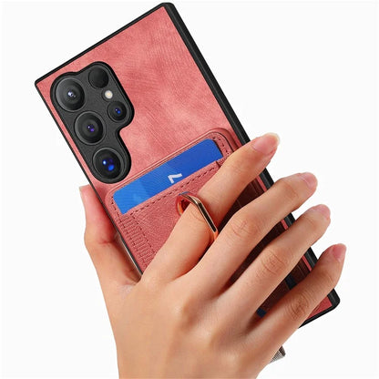 D7 For Samsung Galaxy S24 Ultra Case Ring Kickstand Phone Cover with Detachable Card Bag
