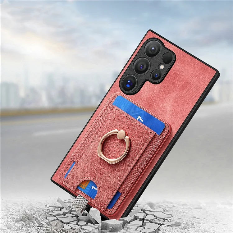 D7 For Samsung Galaxy S24 Ultra Case Ring Kickstand Phone Cover with Detachable Card Bag