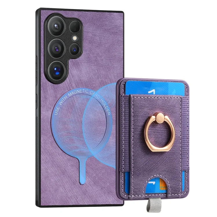 D7 For Samsung Galaxy S24 Ultra Case Ring Kickstand Phone Cover with Detachable Card Bag