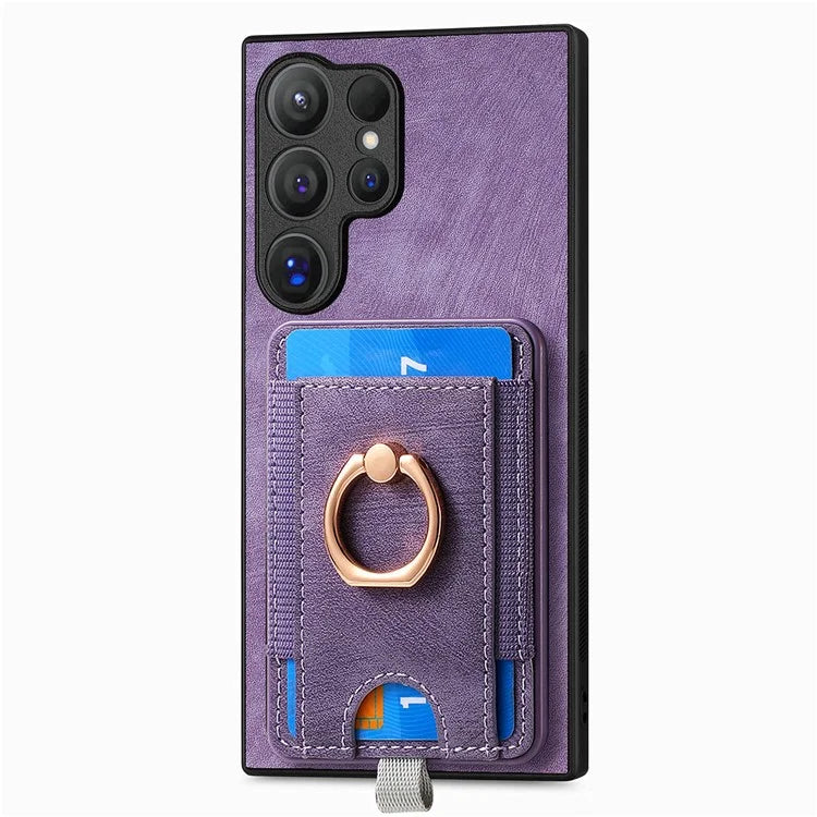 D7 For Samsung Galaxy S24 Ultra Case Ring Kickstand Phone Cover with Detachable Card Bag