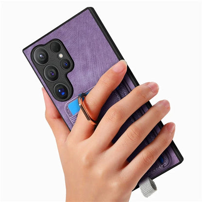D7 For Samsung Galaxy S24 Ultra Case Ring Kickstand Phone Cover with Detachable Card Bag