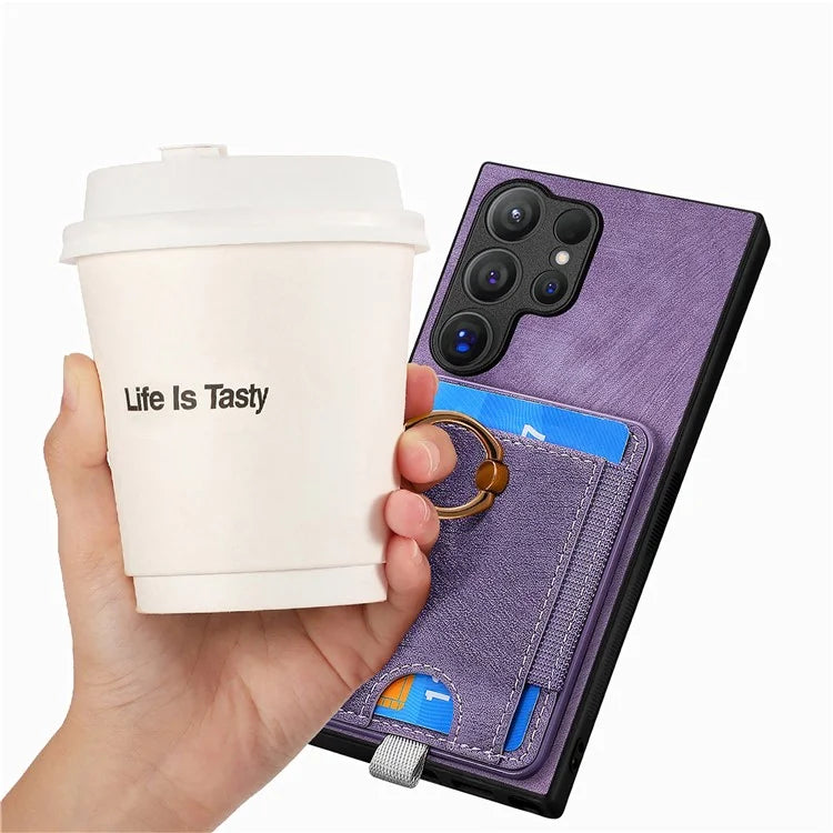 D7 For Samsung Galaxy S24 Ultra Case Ring Kickstand Phone Cover with Detachable Card Bag