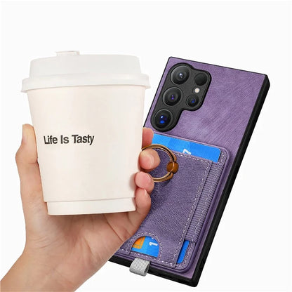 D7 For Samsung Galaxy S24 Ultra Case Ring Kickstand Phone Cover with Detachable Card Bag
