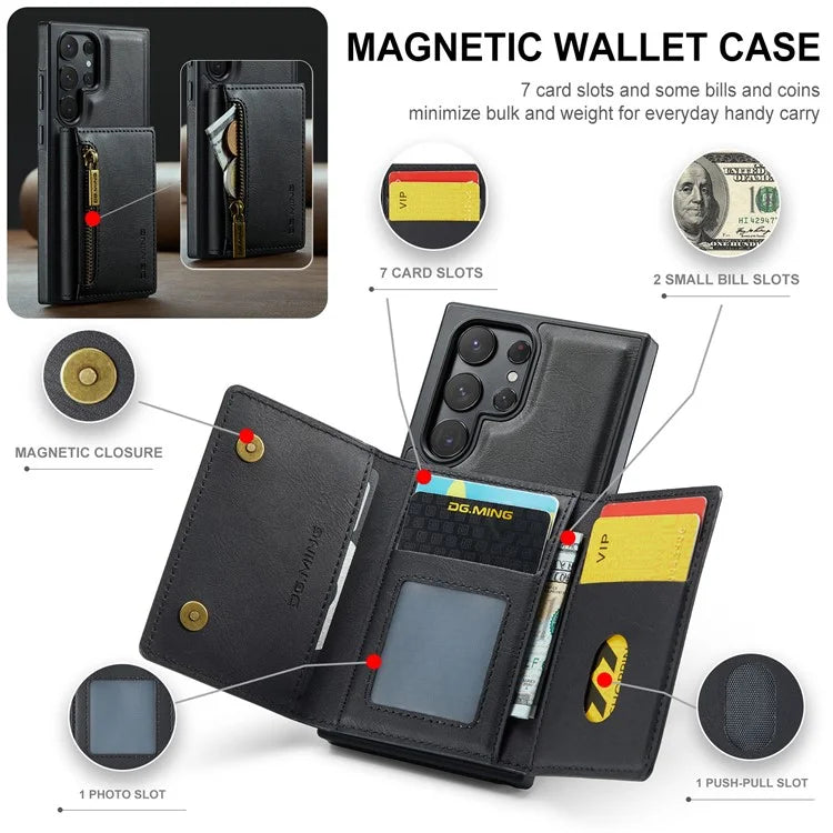 DG.MING M5 Series For Samsung Galaxy S22 Ultra 5G Case RFID Blocking Wallet Phone Cover