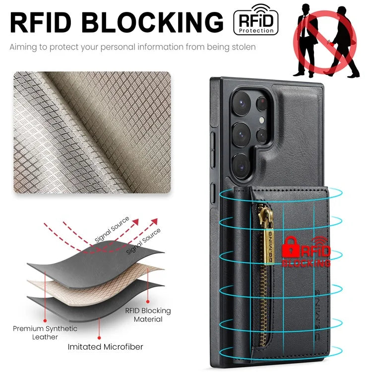 DG.MING M5 Series For Samsung Galaxy S22 Ultra 5G Case RFID Blocking Wallet Phone Cover