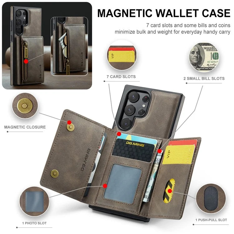 DG.MING M5 Series For Samsung Galaxy S22 Ultra 5G Case RFID Blocking Wallet Phone Cover