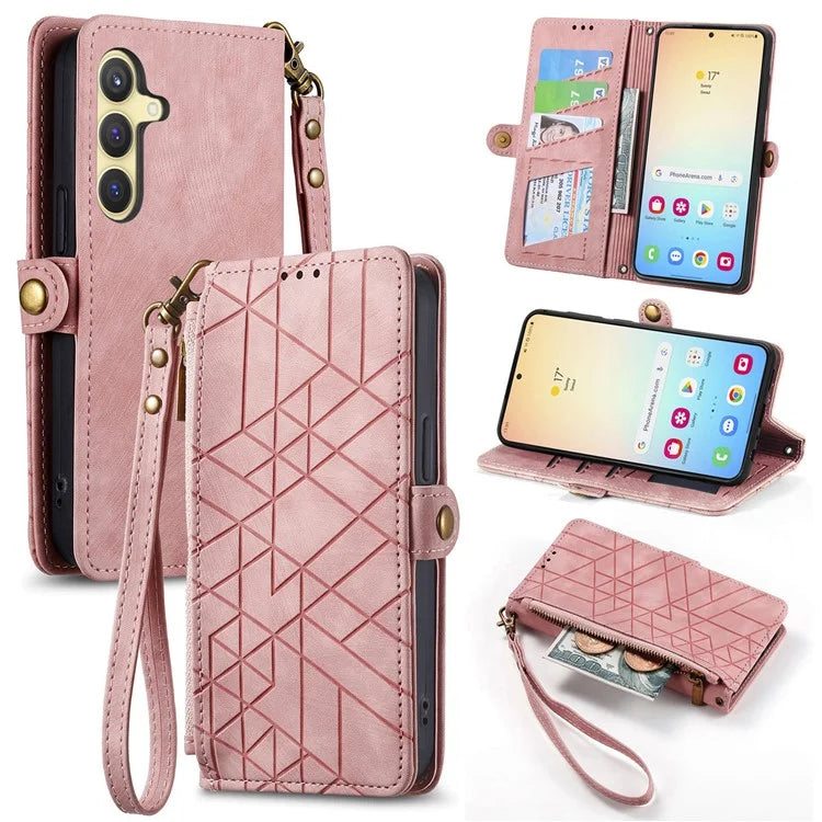 For Samsung Galaxy S24 Case Geometry Pattern Zipper Pocket Phone Cover