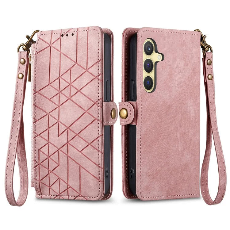 For Samsung Galaxy S24 Case Geometry Pattern Zipper Pocket Phone Cover