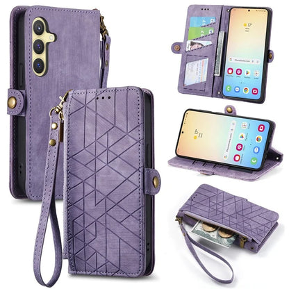 For Samsung Galaxy S24 Case Geometry Pattern Zipper Pocket Phone Cover