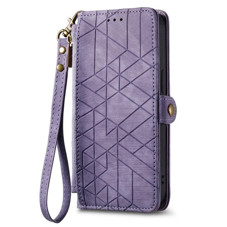 For Samsung Galaxy S24 Case Geometry Pattern Zipper Pocket Phone Cover