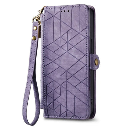 For Samsung Galaxy S24 Case Geometry Pattern Zipper Pocket Phone Cover