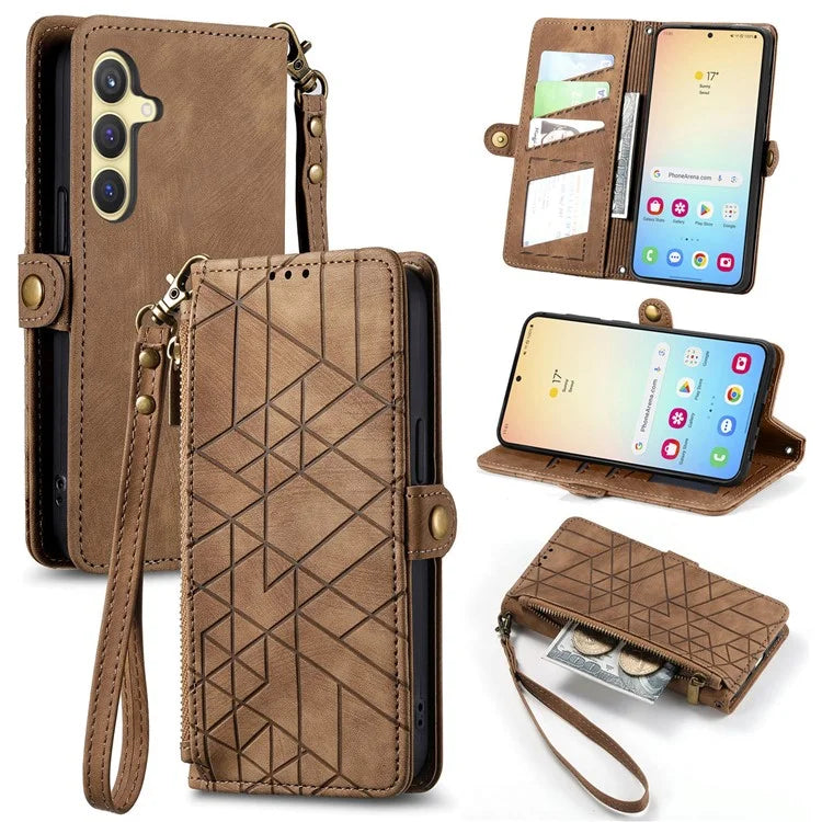 For Samsung Galaxy S24 Case Geometry Pattern Zipper Pocket Phone Cover