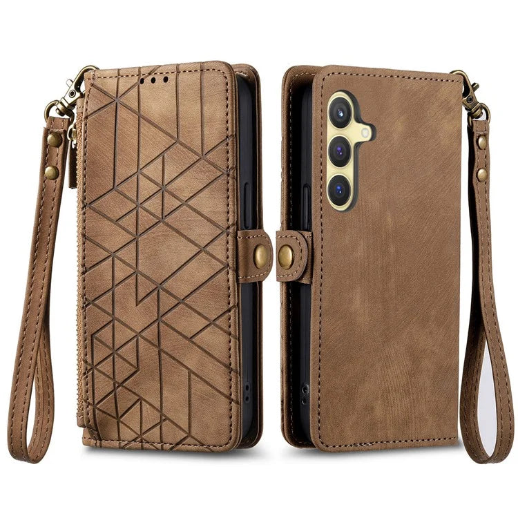 For Samsung Galaxy S24 Case Geometry Pattern Zipper Pocket Phone Cover
