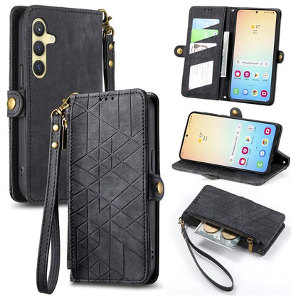 For Samsung Galaxy S24 Case Geometry Pattern Zipper Pocket Phone Cover