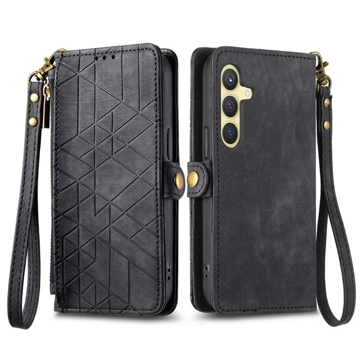 For Samsung Galaxy S24 Case Geometry Pattern Zipper Pocket Phone Cover