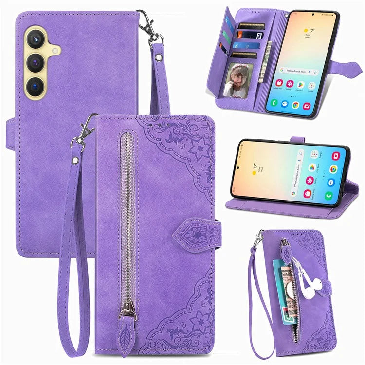For Samsung Galaxy S24 Case Flower Imprinted Wallet Leather Phone Cover