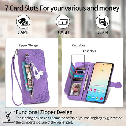 For Samsung Galaxy S24 Case Flower Imprinted Wallet Leather Phone Cover