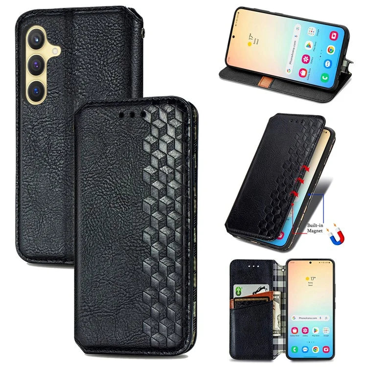 For Samsung Galaxy S24+ Cell Phone Case Imprint Rhombus Pattern Wallet Stand Cover