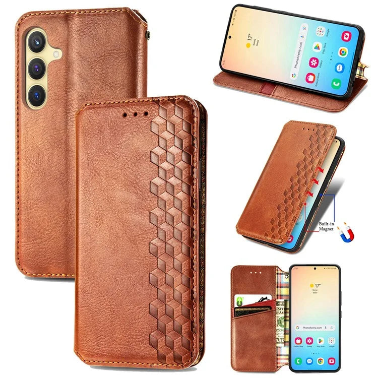 For Samsung Galaxy S24+ Cell Phone Case Imprint Rhombus Pattern Wallet Stand Cover