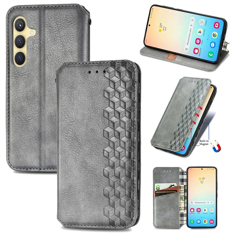 For Samsung Galaxy S24+ Cell Phone Case Imprint Rhombus Pattern Wallet Stand Cover